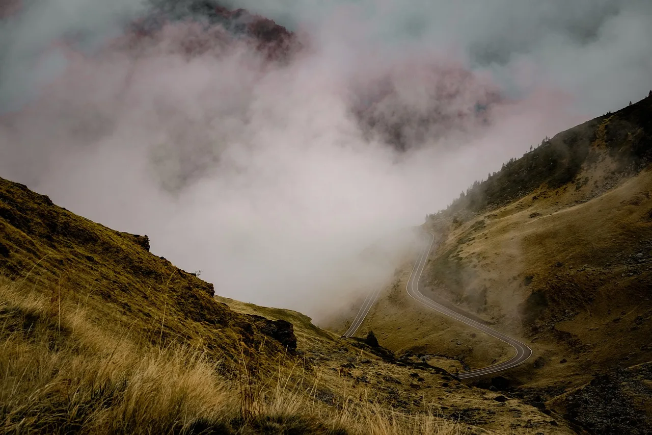 Carretera de montaña que se pierde dentro de la niebla